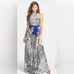 Eliza J Leopard Print Chiffon Halter Maxi Dress Women's Size 4 Blue Sash Belt